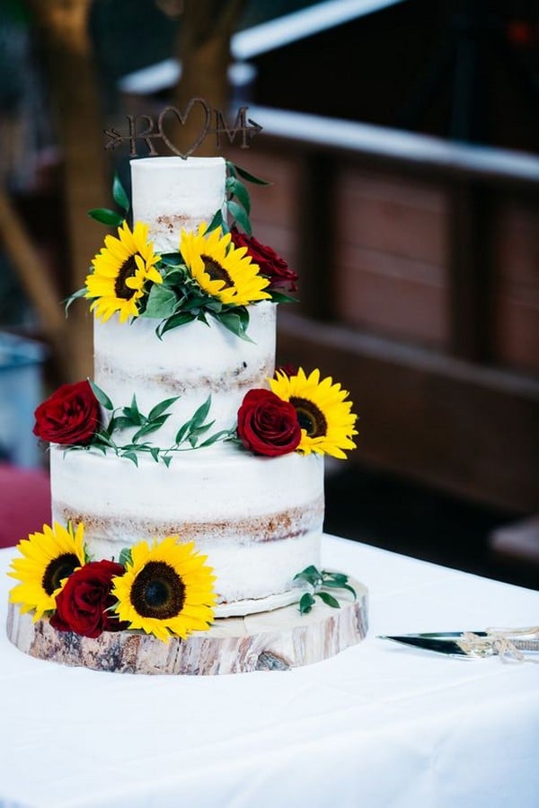 burgundy and yellow sunflower wedding cake